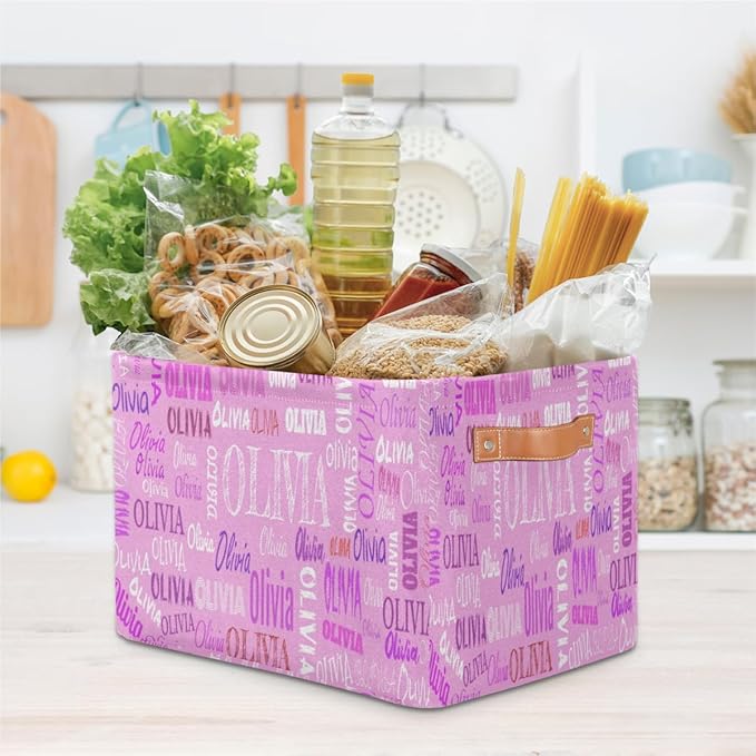 Personalized Storage Bins, Customized Name Storage Basket Rectangle Clothes Organizer for Organizing Kids and Pets Toys Shelf Closet, Pink Color Background