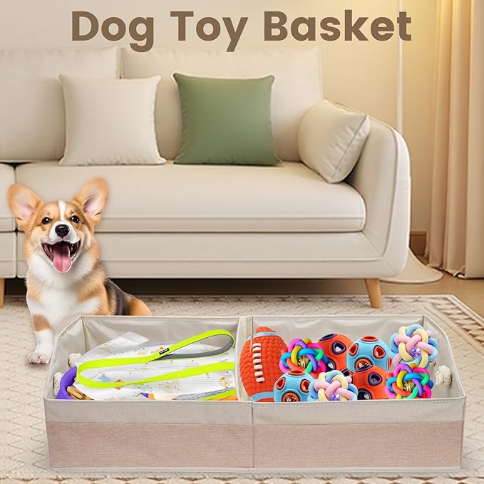 Large Dog Toy Basket With Handle, Foldable Dog Toy Box for Living Room Area, 28.5" Basket for Toy, Clothes, Organizers and Storage with Hard Board, Anti-slip for Pet Toys (Beige, Large)