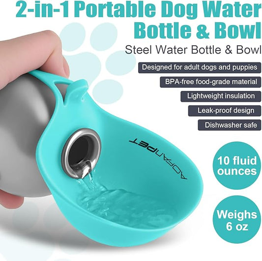 Portable Dog Water Bottle 10oz Stainless Steel Travel Dog Water Dispenser with Bowl No-Spill Puppy Water Bottle for Walking Hiking Small Dog Water Bottle, Includes Waste Bag Holder