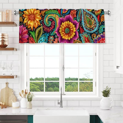 Worltoldb Boho Floral Curtain Valance Short Rod Pocket Window Treatment for Living Room Bedroom Kitchen Bathroom 1 Panel 54" W x 18" L