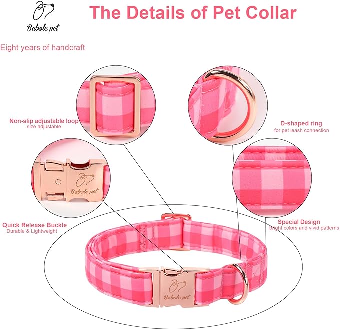 Pink Checkerboard Dog Collar, Classic Girly Plaid Dog Collars, Adjustable Heavy Duty Girl Dogs Collar for Small Medium Large Dogs with Metal Buckle L