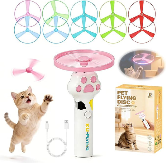 Cat Fetch Toy Launcher,Flying Disc Launcher Toy Rechargeable with 10 Flying Discs,Flying Cat Toy Disc Launcher for Kitten Dog Playing Interactive Hunting Tracking Toys for Outdoor Indoor,White