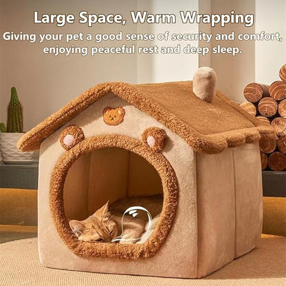 Cat Bed for Indoor Cats, Cozy Cave Bed Cat House Cats Tent with Removable Cushion Pillow, Soft Warm Pet House, Cute Bear Pet Nest for Kitten Small Dogs (Brown, M-18.1x14.57x15.75 Inches)