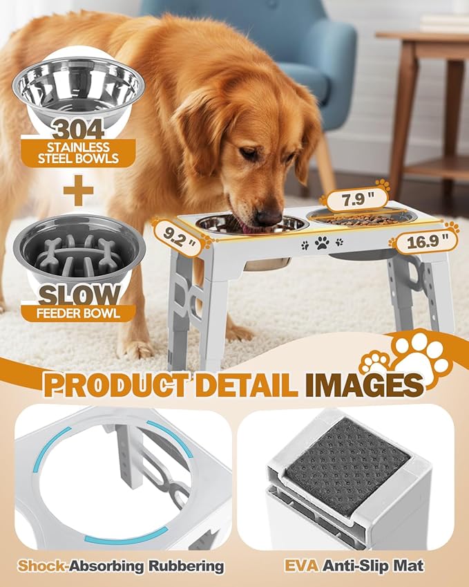 Elevated Dog Bowls, Non-Slip Dog Feeder with 1*Stainless Steel Dishes & 1*Slow Feeder Bowl, 5 Heights Adjustable Raised Bowls for 3.15″-8.66″-9.84″-11.02″-12.2″