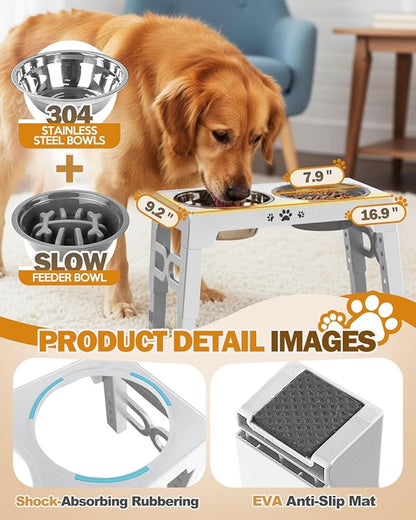 Elevated Dog Bowls, Non-Slip Dog Feeder with 1*Stainless Steel Dishes & 1*Slow Feeder Bowl, 5 Heights Adjustable Raised Bowls for 3.15″-8.66″-9.84″-11.02″-12.2″