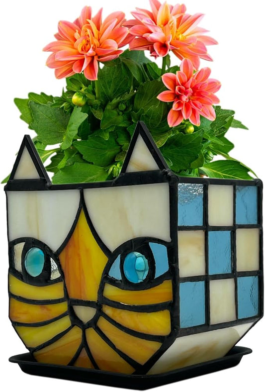 Tiffany Stained Glass Orange Cat Flower Pot,Handmade Cute Pots for Plants, Room and Office Decoration Glass Container Storage,Indoor Plant Pots with Drainage,Plant Gifts 4.6x3x5.15 in