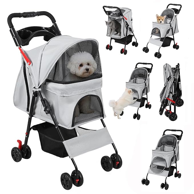 4 Wheels Pet Stroller for Medium Small Dog up to 50lbs, Dog Cat Stroller, Outdoor Travel Pet Folding Strollers with Cup Holder, Detachable Carrier, Breathable Visible Mesh (Grey Upgraded)