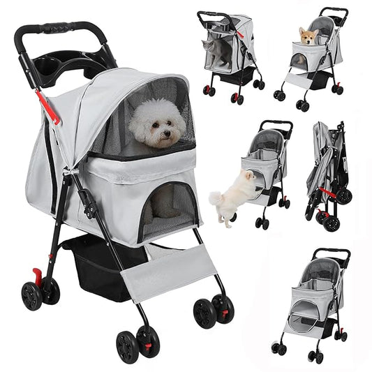 4 Wheels Pet Stroller for Medium Small Dog up to 50lbs, Dog Cat Stroller, Outdoor Travel Pet Folding Strollers with Cup Holder, Detachable Carrier, Breathable Visible Mesh (Grey Upgraded)