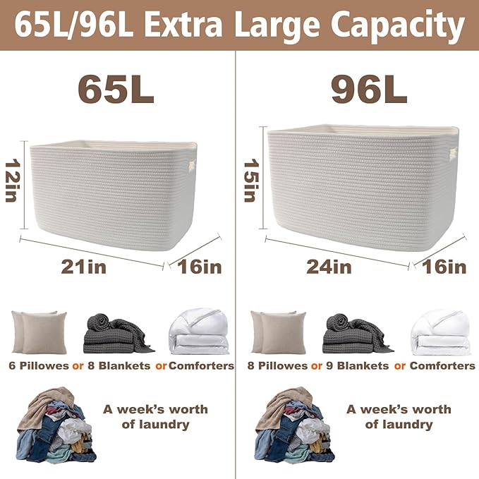 Woven Blanket Basket,96L Large Storage Bin for Blankets Toys Clothes,Decorative Rope Basket for Living Room Bedroom with Handles, White
