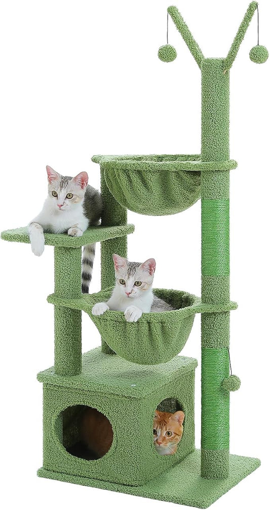 MUTTROS Cactus Cat Tree, 47.6" Cat Tower with 2 Metal Frame Hammock, Cat Scratching Post for Indoor Cats with 2 Removable Pompom Sticks for Kittens, Green