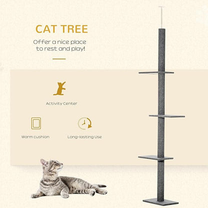 PawHut Floor-to-Ceiling Cat Tree Cat Climbing Tower with Sisal-Covered Scratching Posts Natural Cat Tree Activity Center for Kittens Cat Tower Furniture, Grey