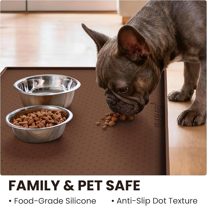VIVAGLORY Dog Bowl Mat Grippymat Pet Food Mat, Waterproof Washable Nonslip Silicone for Pet & Cat, Food and Water Placemat with Lip & Raised Edges for Indoor Floor, L, Chocolate
