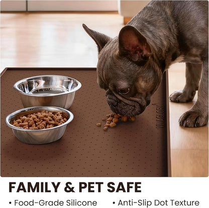 VIVAGLORY Dog Bowl Mat Grippymat Pet Food Mat, Waterproof Washable Nonslip Silicone for Pet & Cat, Food and Water Placemat with Lip & Raised Edges for Indoor Floor, L, Chocolate
