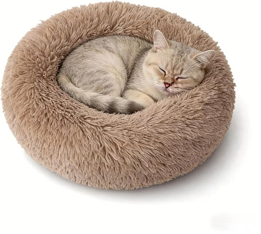 SALAN Calming Dog Bed for Small Dogs & Indoor Cats, 20 Inch Donut Pet Bed, Washable Round Fluffy Plush Faux Fur Cushion with Raised Rim & Anti-Slip Bottom, Soft Cozy Bed Fits Pets Up to 25 lbs (Khaki)