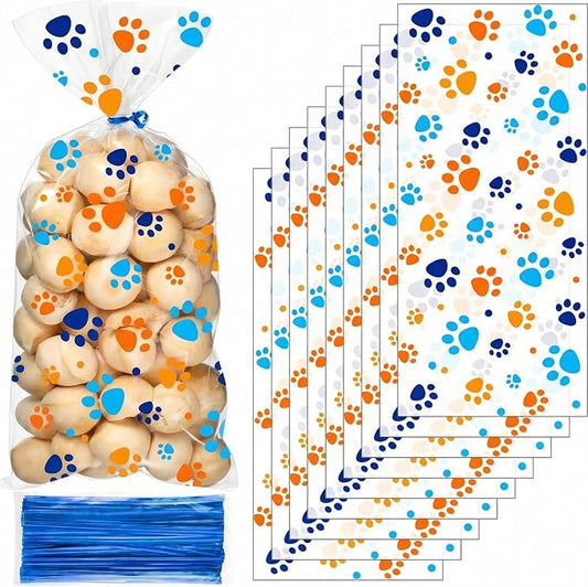 Blulu 100 Pieces Dog Treat Bags Puppy Party Favor Pet Paw Cone Cellophane Bags Candy Heat Sealable Dog Paw Gift with 100 Pieces Silver Twist Ties for Pet Cat Treat Party Favor (Blue and Orange)