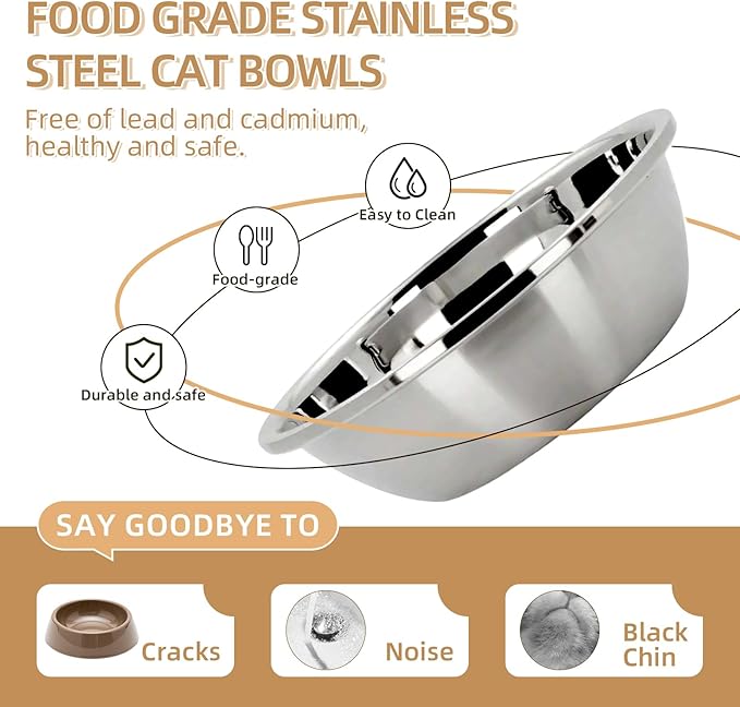 Elevated Cat Bowl, Raised Cat Food and Water Bowl Set for Indoor Cats, Splash Proof with 5 Stainless Steel Pet Food Bowls for Cats and Puppies, Whisker Fatigue and Dishwasher Safe - Grey