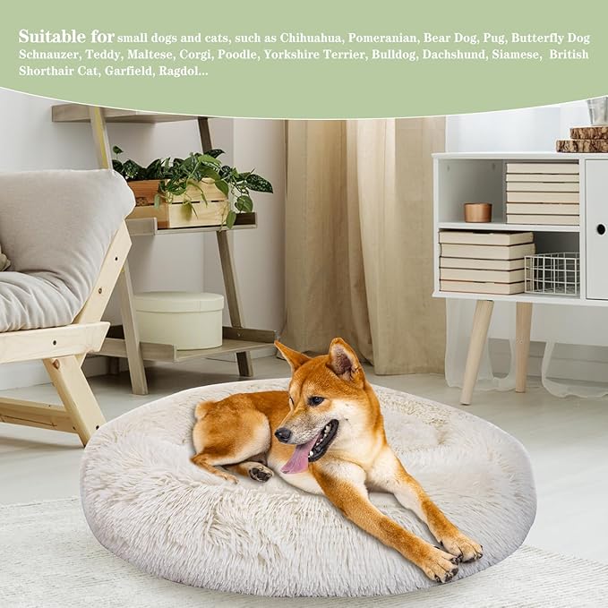 Calming Dog Bed for Medium Dogs Cats, Puppy 31'' Round Anti-Anxiety Warm Fluffy Plush Faux Fur Bed, Soft Anti-Slip Donut Washable, Cozy Medium Puppy Bed, Fits up to 50 lbs Pets