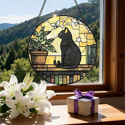 Greatingreat Stained Glass Window Hanging, Home Room Decor 7.8 Inch Cat Sun Catchers Indoor Window, Wall Art Home Decor Gift for Cat Lovers Women Mother's Day
