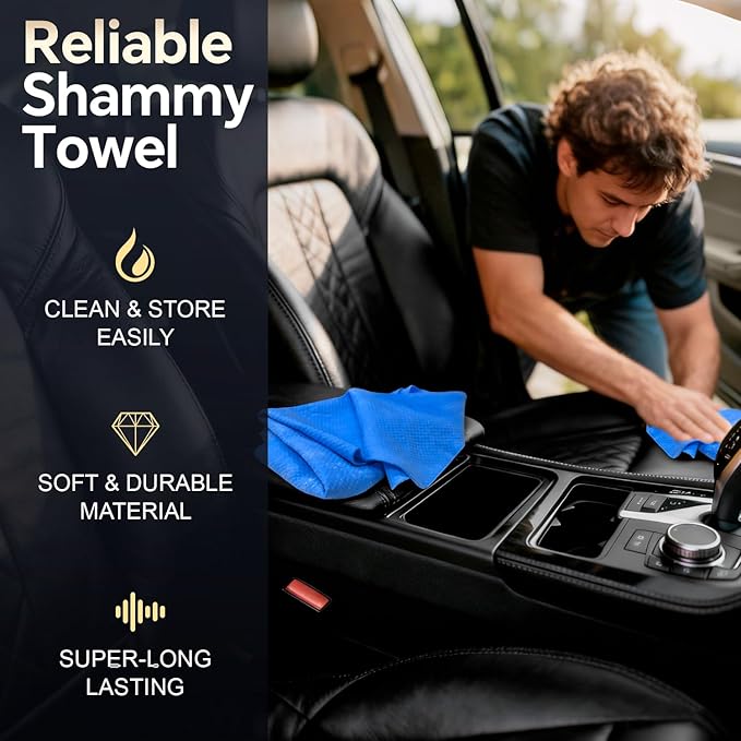 Premium Shammy Cloth for Car Drying (34”x25”)-Super Absorbent Chamois Towel for Car-Reusable Shammy Towel for Car, Bathroom,Pets, Dust Remove, No Spots/Streak/Scratch, Blue