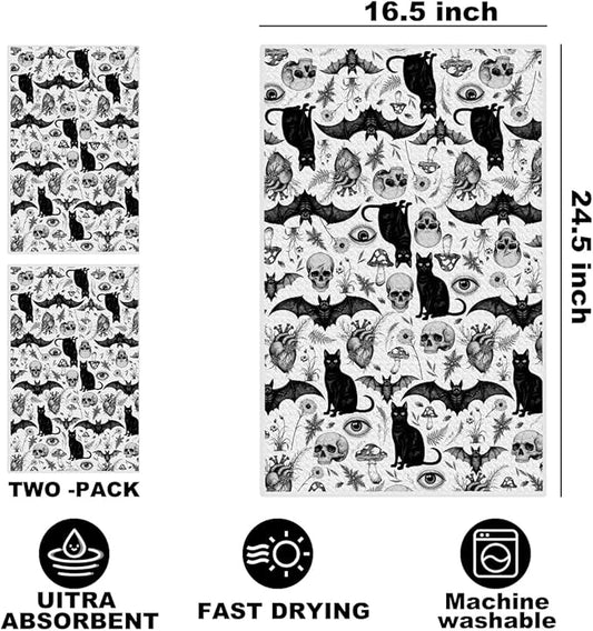 2Pcs Skeleton Cat Kitchen Towels, Mushroom Durable Microfiber Tea Towels for Kitchen Home Bathroom Farmhouse Decor, Eyes Bat Waffle Weave Dish Drying Towel, Cat Gifts for Women Friend, 24x14 Inch
