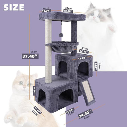 AIWIKIDE 37.4" Cat Tree Tower with Twin Cat Condos for Indoor Cats, All-in-One Activity Center with Cat Scratching Post Cozy Sleeping Perch Hammock and Toy Balls,Grey