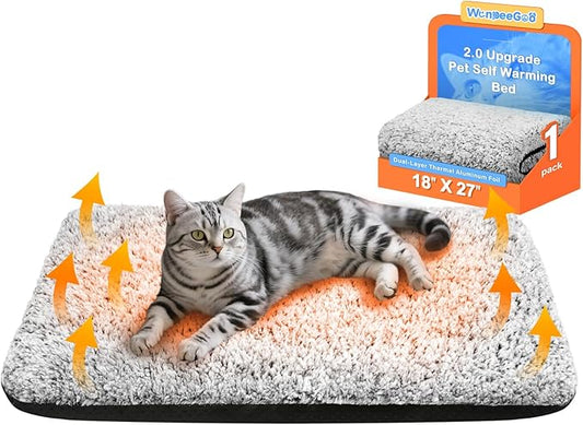 Self Warming Pet Bed for Cats & Dogs, Heated Pet Mat, 2.0 Upgraded Thermal Foil Heating Pad, Plush Self-Heating Bed for Crate, Floor, with Removable Washable Cover, Non-Slip, Gray, 18"x27"