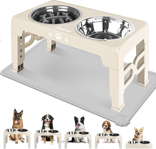 Elevated Dog Bowls with Mat, Non-Slip Dog Feeder with 1*Stainless Steel Dishes & 1*Slow Feeder Bowl, 5 Heights Adjustable Raised Bowls for 3.15″-8.66″-9.84″-11.02″-12.2″