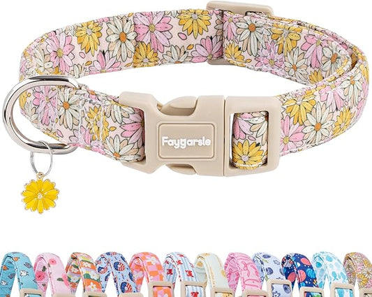 Faygarsle Floral Girl Dog Collar, Cotton Fabric with Daisies Pattern, Pink and Yellow Summer Spring Design for Small Medium Large Dogs XS