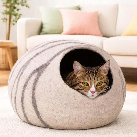 MEOWFIA Cat Cave – Premium Felt Cat Bed for Indoor Cats, Handmade Merino Wool (Light Grey, Medium)