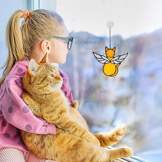 Orange Cat Memorial Gift Stained Glass Suncatcher,Angel Cat Decor Stained Glass Window Hangings,Loss of Cats Sympathy Gifts for Catss Lover,Pet Memorial Gifts for Women