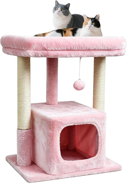 SYANDLVY Small Cat Tree for Indoor Cats Large Adult, 27" Activity Tower with Scratching Posts, Modern House with Padded Perch, Kittens Condo, Cat Cave, Pink