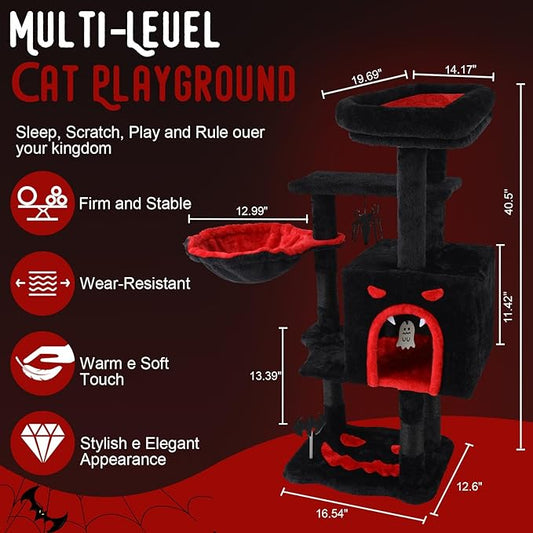 Gothic Cat Tree for Indoor Cats Large Adult, 40.5" Goth Cat Trees Tower with Coffin Cat Bed,Scratching Post,Cat Condo, Furniture Towers with Hammock, Tall Black Cat Tree Halloween Hanging Toys(Black)