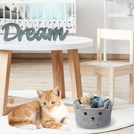 Zopeal Cat Basket Storage Woven Organizer with Ears Easter Decorative Pet Toy Cute Cotton Rope Basket for Gift Cat Dog Toy Bin Nursery Room(8.3 x 4.7 Inch,Light Gray)