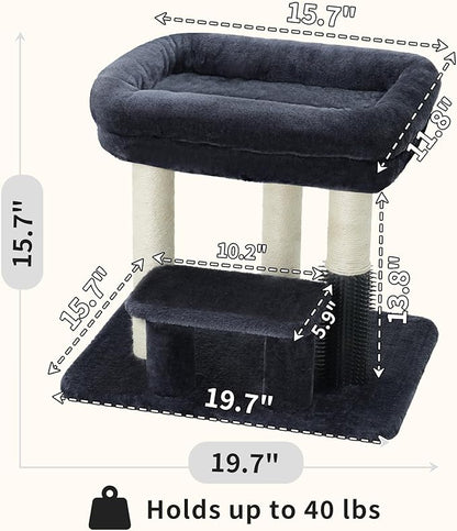 Heybly Cat Scratching Post, Small Cat Tree Tower with 3 Full Sisal Posts, Removable Plush Bed, Grooming Brush, Stable & Space-Saving Cat Furniture with Gentle Step for Indoor Cats, Smoky Gray HSP001SG