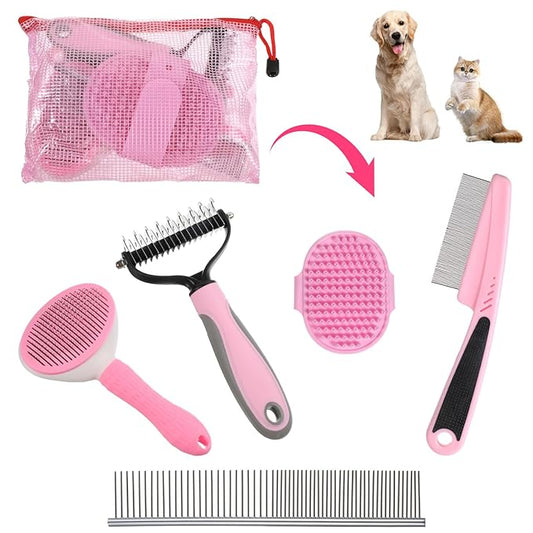 6PCS Dog Grooming Kit, Pet Grooming Kit, Deshedding Brush for Short Hair, Slicker Brush, Flea Comb, Puppy Brush Set in Pink for Dogs, Cats