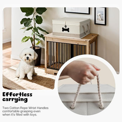 Dog Toy Basket with Double-Open Lid, Divided Dogs Basket for Toys, Collapsible Pet Toys Box, Dog Storage Organizer with 2 Divided Area, Puppy Toy Baskets with Rope Handles, Beige & Gray
