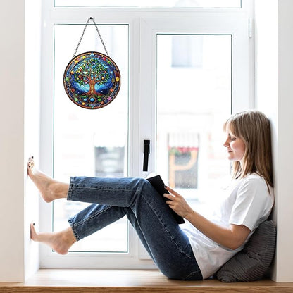 Tree of Life Stained Glass Window Hanging Gifts, 7.8″ Sun Catchers for Indoor Window Decor, Decorative Sun Catchers Home Wall Art Gift for Thanksgiving Christmas Housewarming