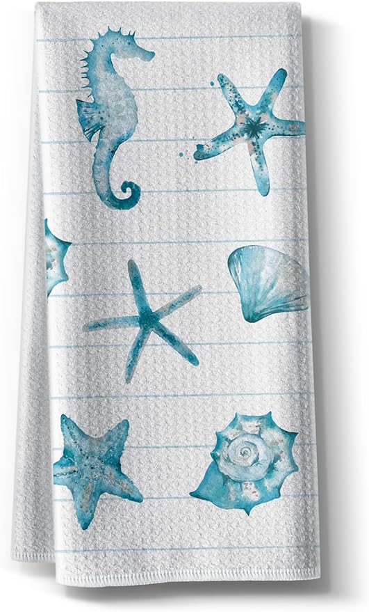 Kitchen Towels for Women-Funny Joked Starfish Seahorse Scallop Ocean Themed Absorbent Microfiber Bar Tea Towel, for Mom Birthday Christmas-Blue 16" x 24”