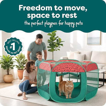 FurHaven Portable Pet Playpen for Dogs & Cats, Foldable, Indoor Kitten Playpen with Mesh Sides, Foldable, Pop Up Travel Dog Pen, X-Large, Green & Pink