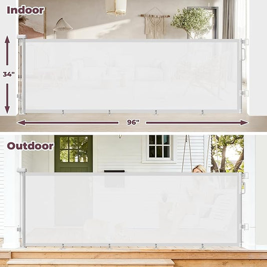 96" Retractable Baby Gates Large Openings, Extra Wide Mesh Dog Gate for Garage Deck Porch, Strong Suction Disc Prevent Crawling Under, 34" Tall Long Safety Gate for Child Indoor Outdoor, White