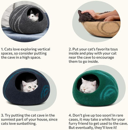 MEOWFIA Cat Cave – Premium Felt Cat Bed for Indoor Cats, Handmade Merino Wool (Aquamarine, Large)