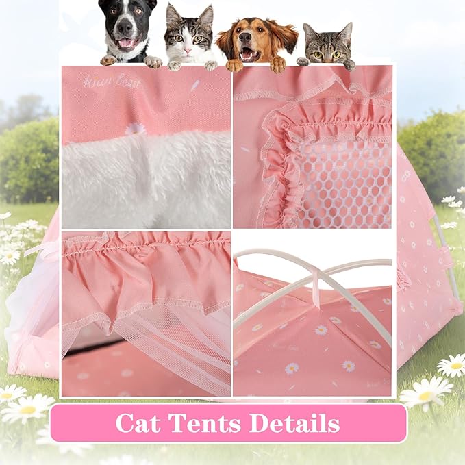Cat Princess Indoor Tent House - Dog House Indoor/Outdoor Lace Mesh Breathable Windows Door Curtains Removable Portable Cave Nest Bed Bunny and Puppy (Pink, m)