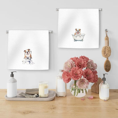 Funny English Bulldog Dog Hand Towels Set of 2, Gifts for English Bulldog Dog Owners Lovers, Puppy Pet Decor for Bathroom, Pet Lovers Gifts Toilet Hand Towels for Bathroom Washroom, 16x24In