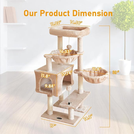 KIYUMI Cat Tree Cat Tower Condo with Sisal Scratching Post for Indoor Cats Cat Tree Cat Furniture with Hammock Perch and Kitten Ball Toys, Multi-Level Pet Activity Center Beige