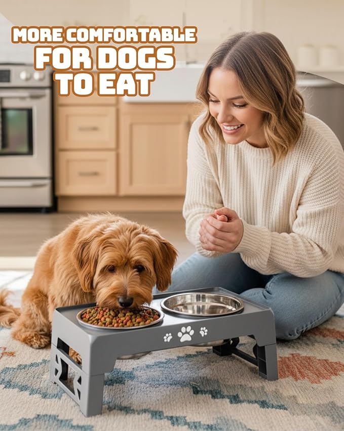 Elevated Dog Bowls for Small Dogs and Cats, Dog Feeder with 2 Thick 5.5" Stainless Steel Dishes, Non-Slip 2 Heights Adjustable to 2.6"-5.3"