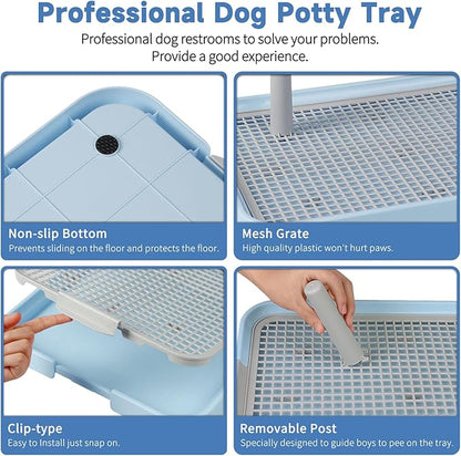 CUHIOY Dog Potty Tray Toilet 20"x14" - Indoor Pee Pad Holder with 8pcs Training Pads, Puppy Mesh Potty with Secure Latch for Small Medium Puppies - Blue