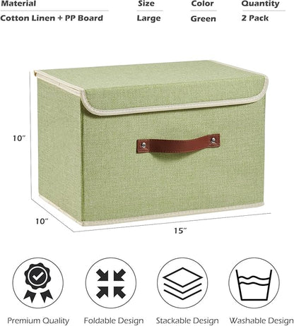 2PCS Storage Boxes with Lid Cotton Linen Fabric Storage Bins Organizer Container Decorative Collapsible Washable Shelf Closet Baskets Faux Leather Handles Home Bedroom (Green, Large Size)