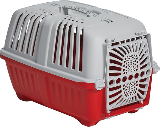 MidWest Homes for Pets Spree Travel Carrier - Hard-Sided Dog & Cat Carrier, Small Pet Travel Crate with Handle, Ventilated Design, Durable Plastic Door, Easy Assembly, 19-Inch, Red