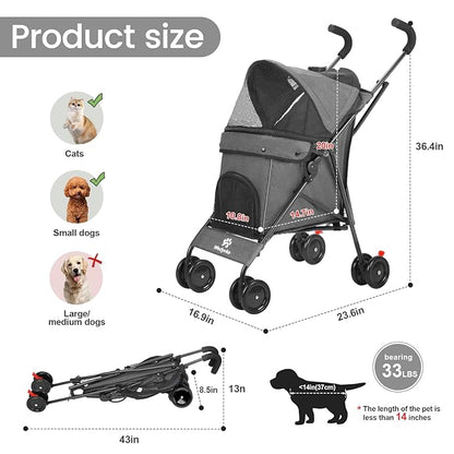 Wedyvko Umbrella Dog Stroller, Foldable Pet Stroller for Small Dogs Cats, with Carrying Strap and Cup Holder, Dog Poop Bags & Dispenser, Multicolor (Dark Grey)