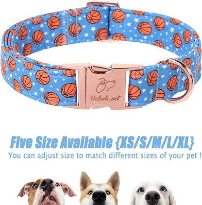 Adjustable Boy Dog Collar - Cute Blue Basketball Print Dog Collars for Medium Dogs, Durable Pet Heavy Duty Metal Buckle Collar M